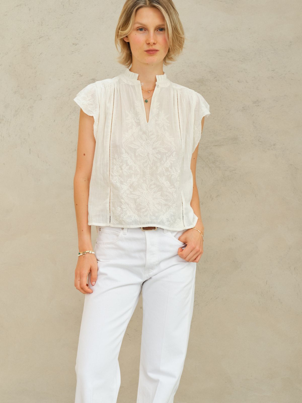 Lilia Embroidered Top - Ecru