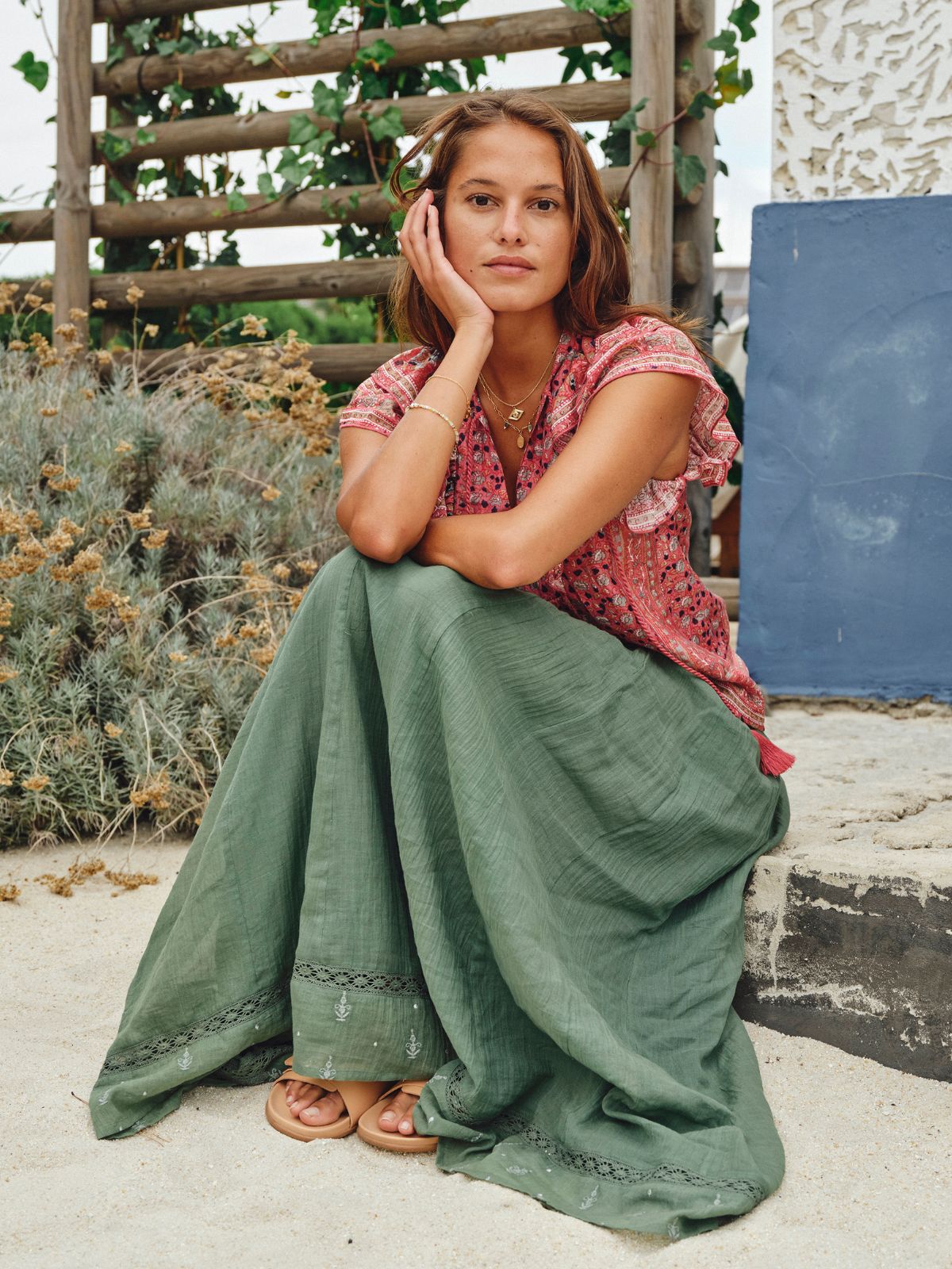 Seri Embroidered Maxi Skirt - Green
