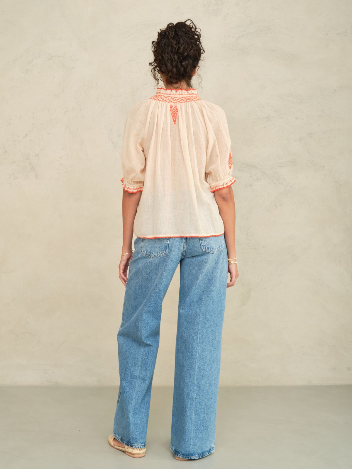 Talia Embroidered Top - Beige & Orange