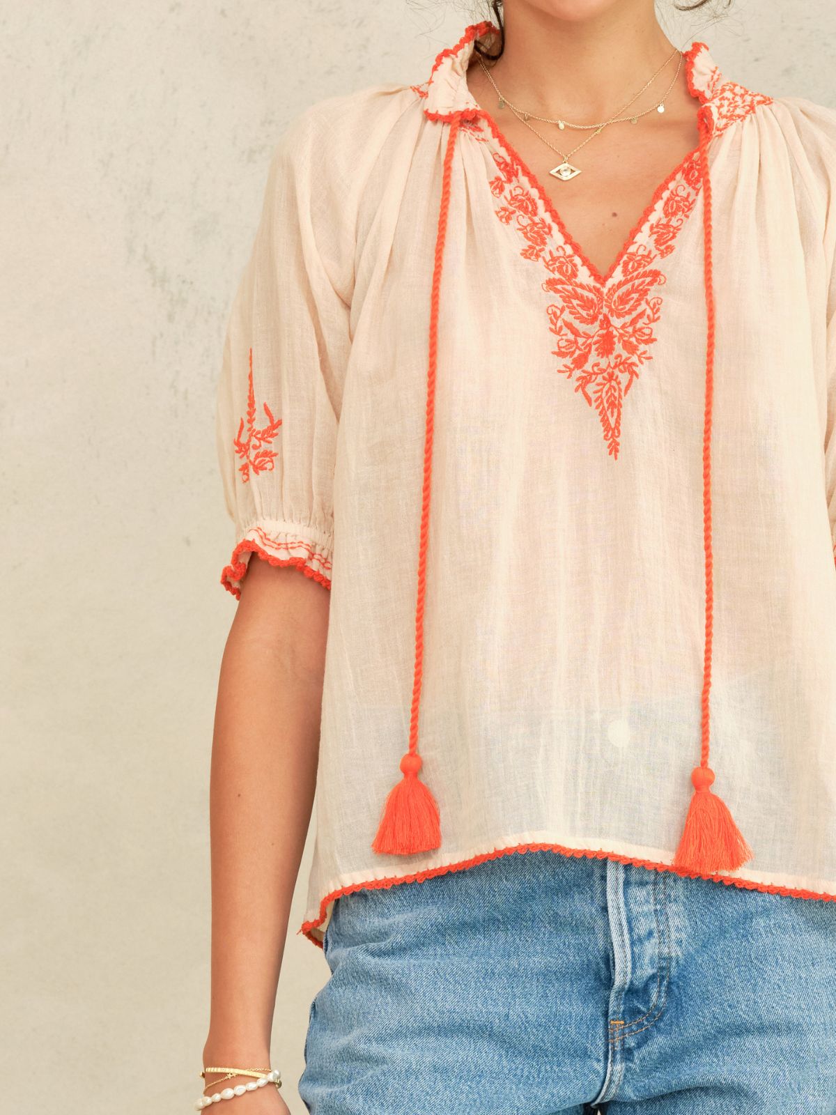 Talia Embroidered Top - Beige & Orange