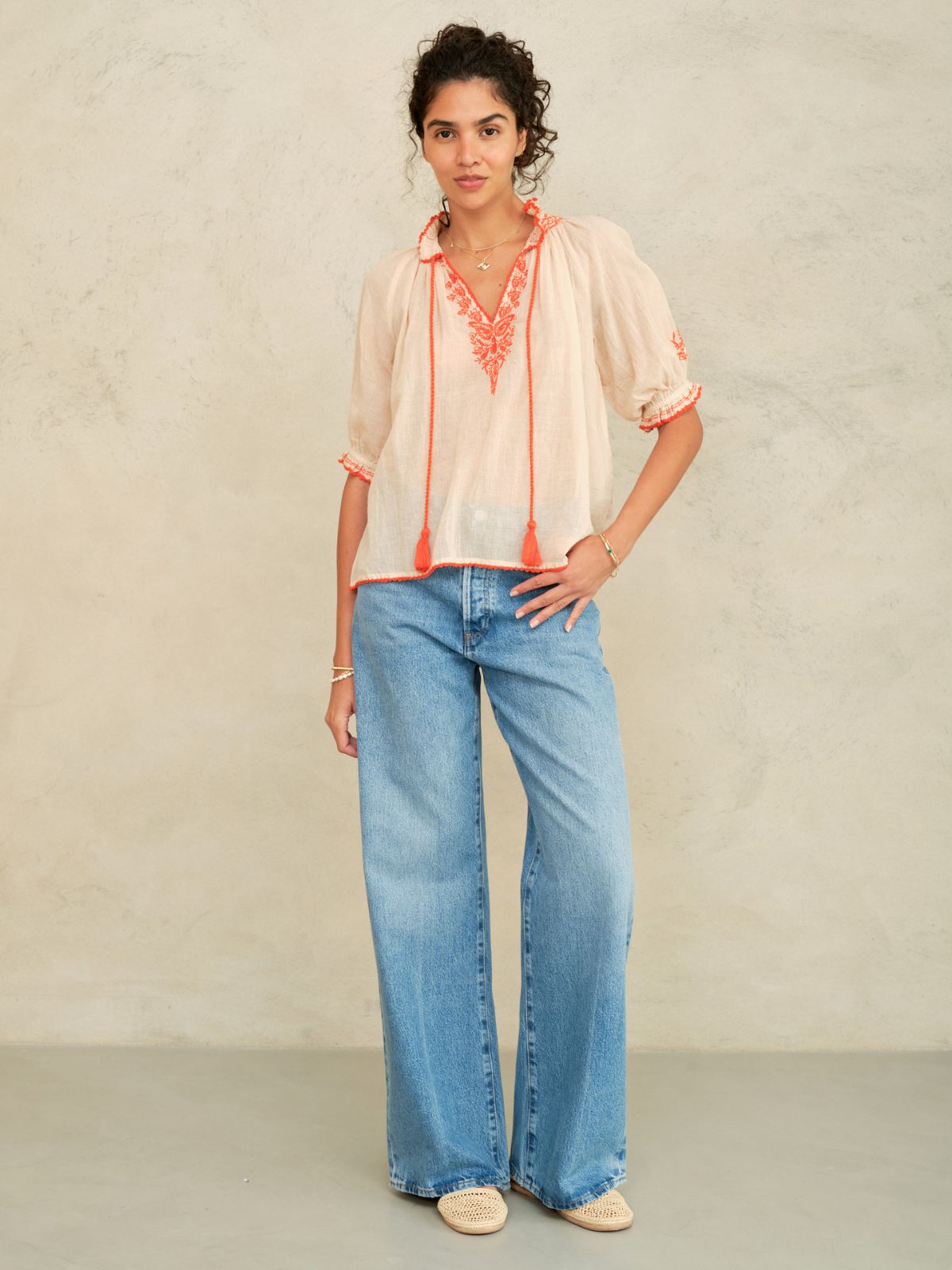 Talia Embroidered Top - Beige & Orange