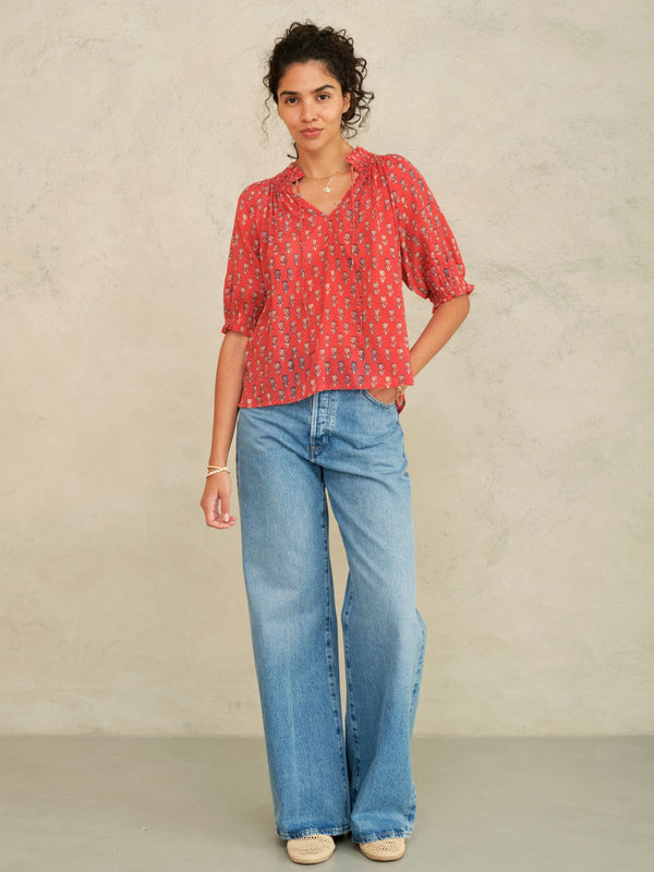 Ari Print Short Sleeve Top - Red