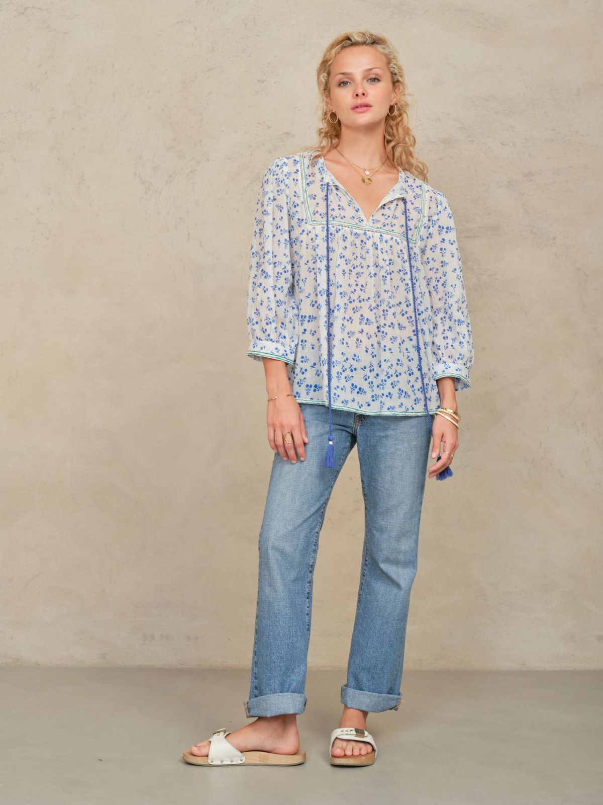 Edie Print Long Sleeve Top - Blue