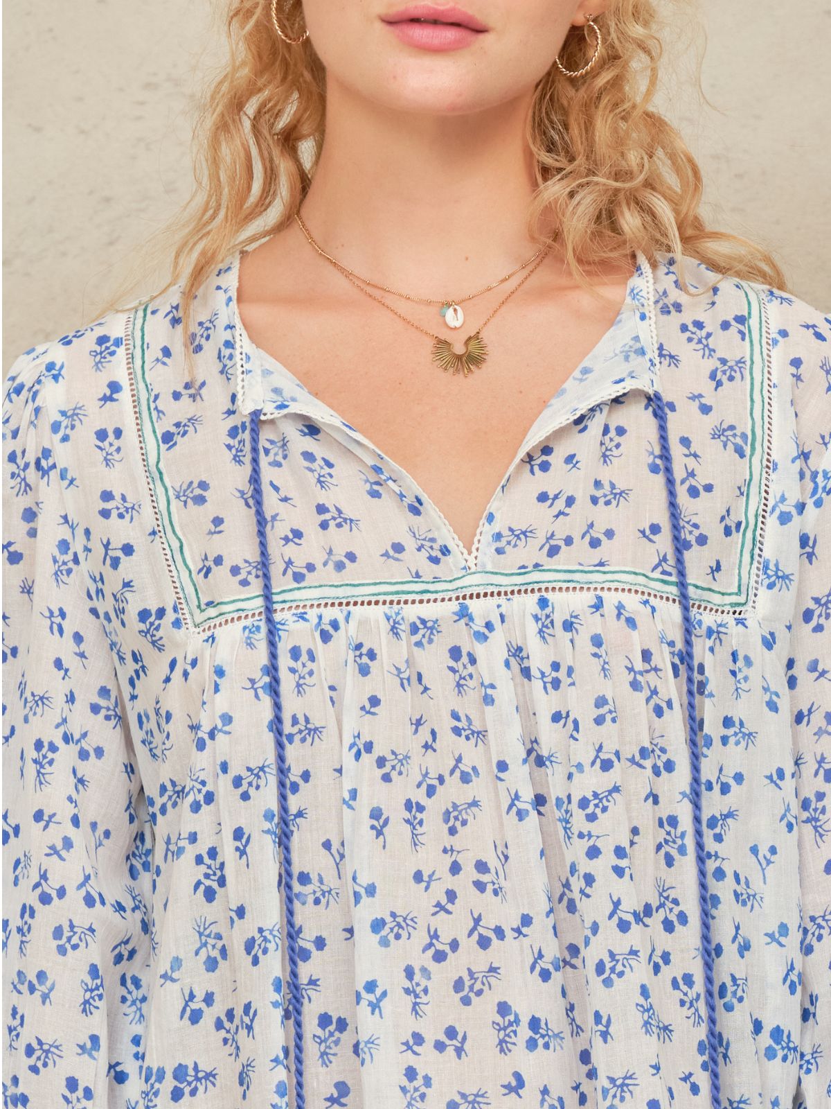Edie Print Long Sleeve Top - Blue