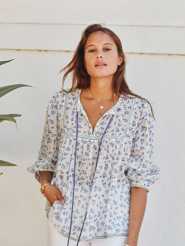 Edie Print Long Sleeve Top - Blue