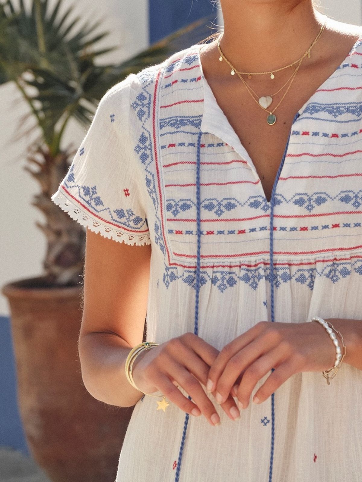 Elsa Embroidered Short Dress - Ecru/Blue/Red