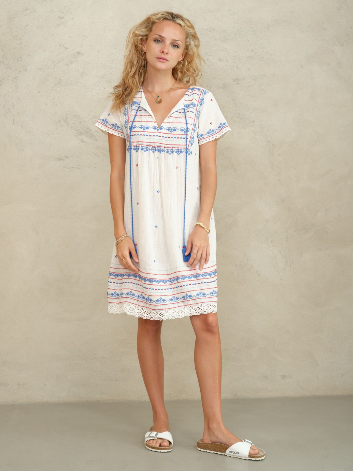 Elsa Embroidered Short Dress - Ecru/Blue/Red