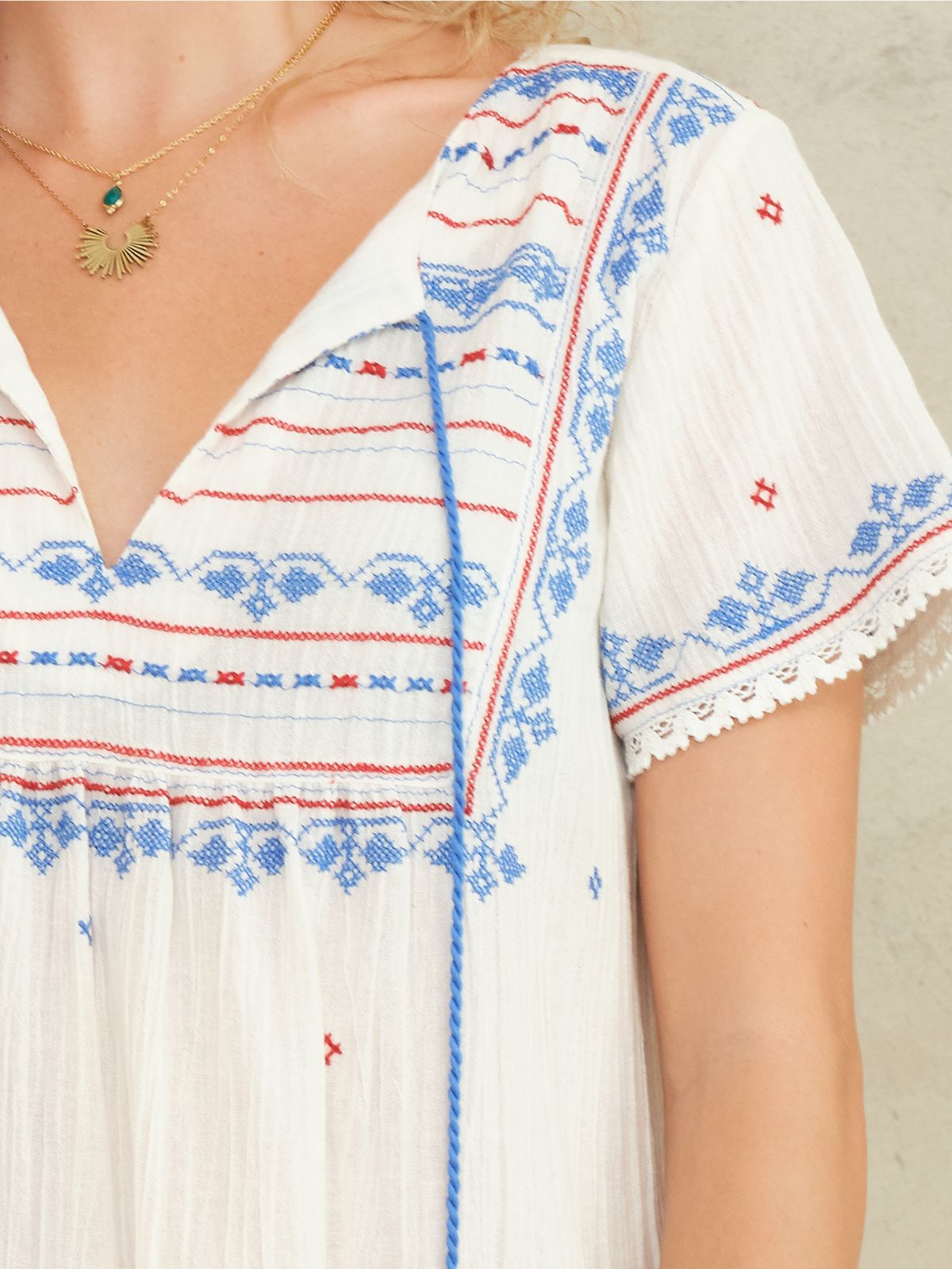 Elsa Embroidered Short Dress - Ecru/Blue/Red