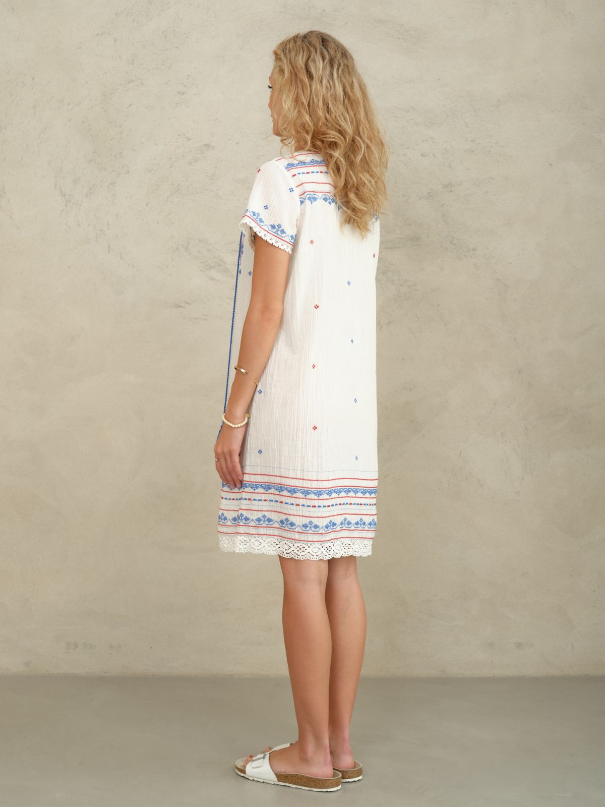 Elsa Embroidered Short Dress - Ecru/Blue/Red