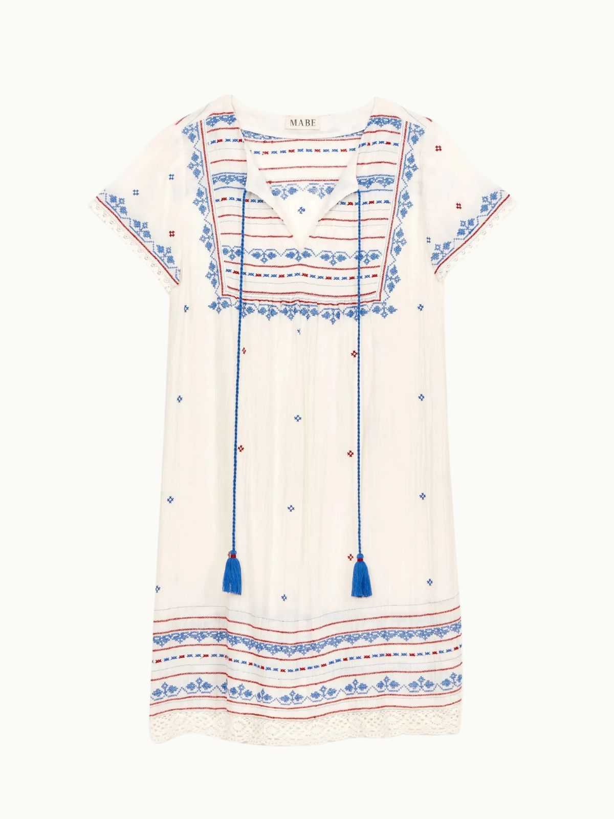 Elsa Embroidered Short Dress - Ecru/Blue/Red