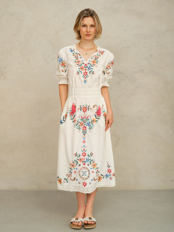 Gracie Embroidered Floral Dress- White