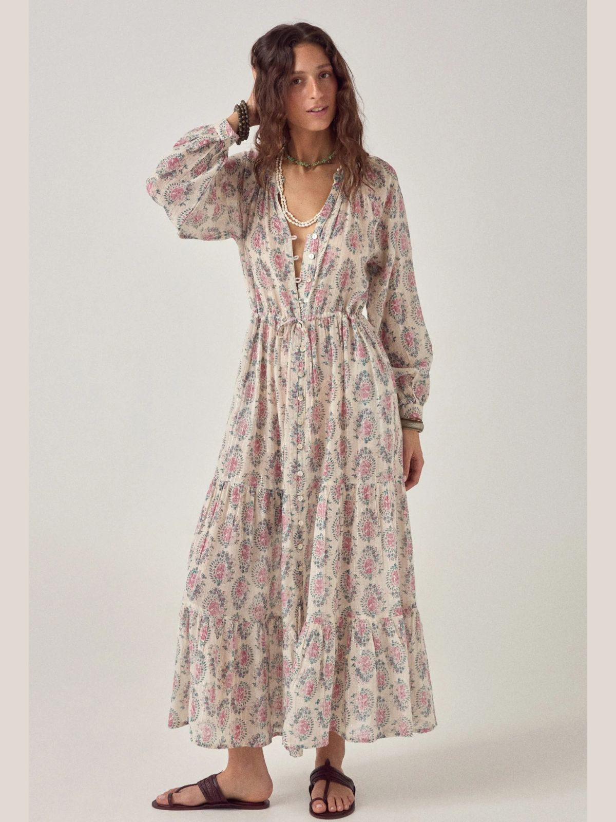 Iris Fashion - MAISON HOTEL - Anne Azalea Print Lurex Dress - Ecru