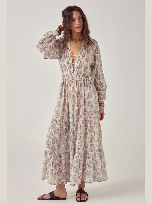 Anne Azalea Print Lurex Dress - Ecru