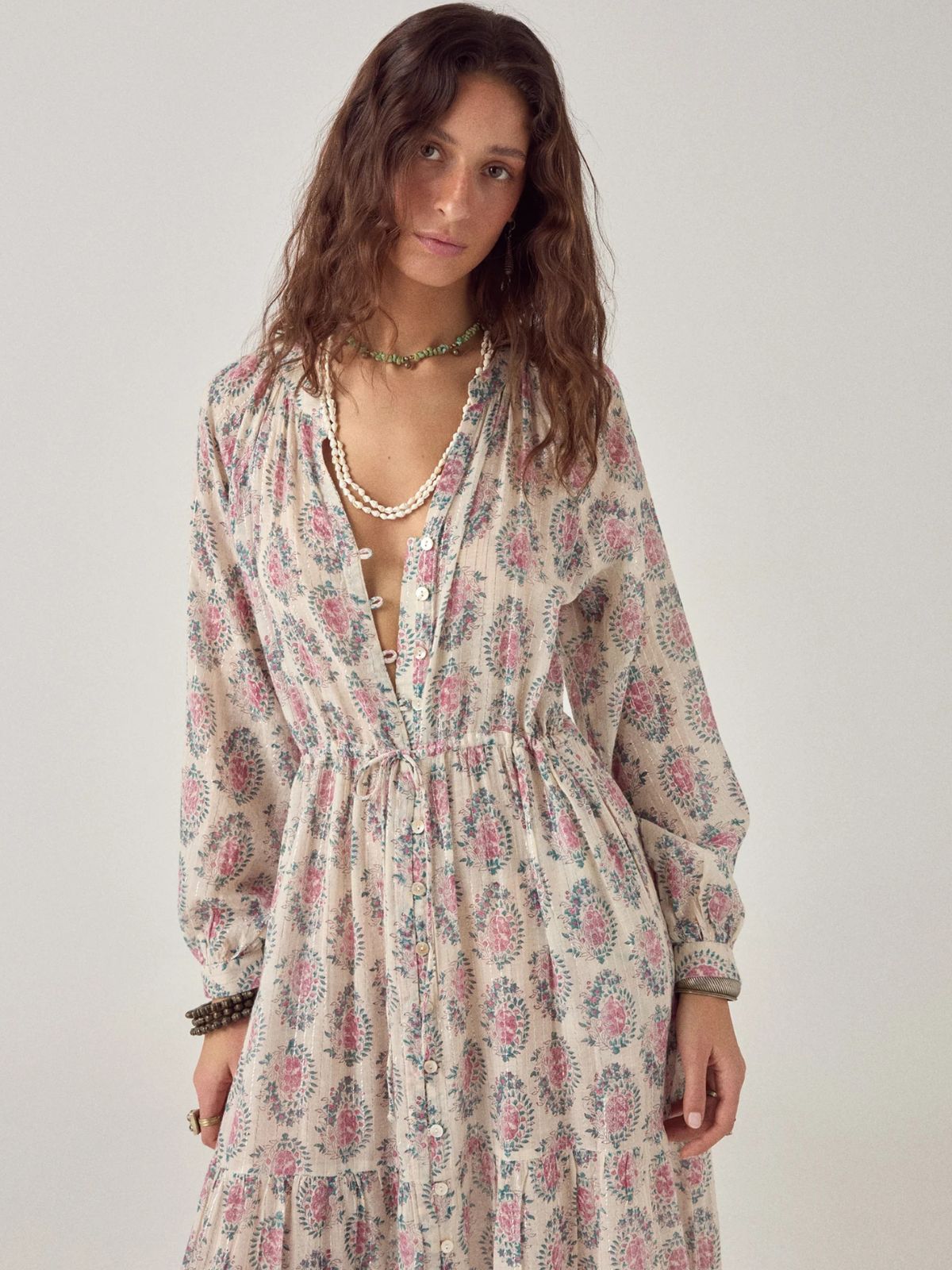 Iris Fashion - MAISON HOTEL - Anne Azalea Print Lurex Dress - Ecru
