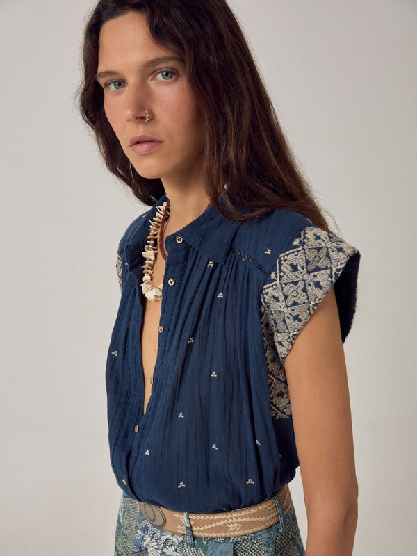 Karina Embroidered Shirt - indigo