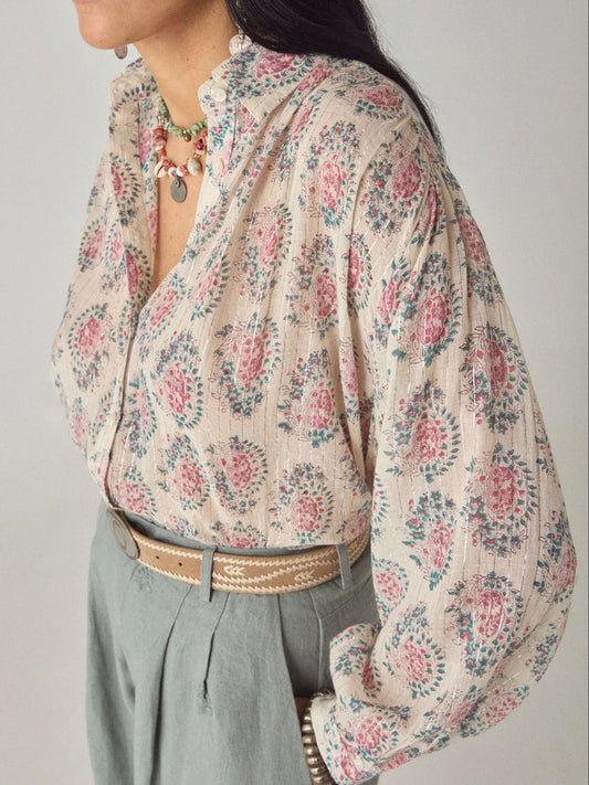 Mary  Azalea Print Lurex Shirt - Ecru
