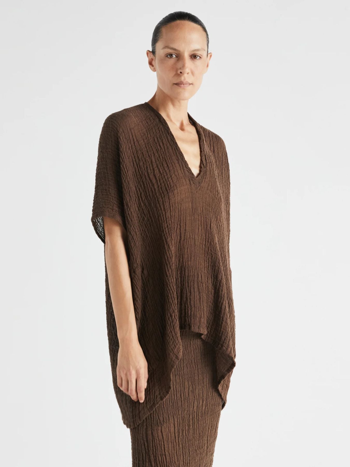 Indo Crinkle V- Neck Top - Brown