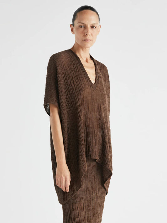 Indo Crinkle V- Neck Top - Brown