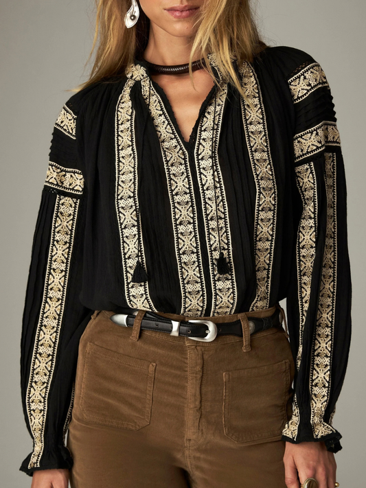 Rose Embroidered Blouse - Black