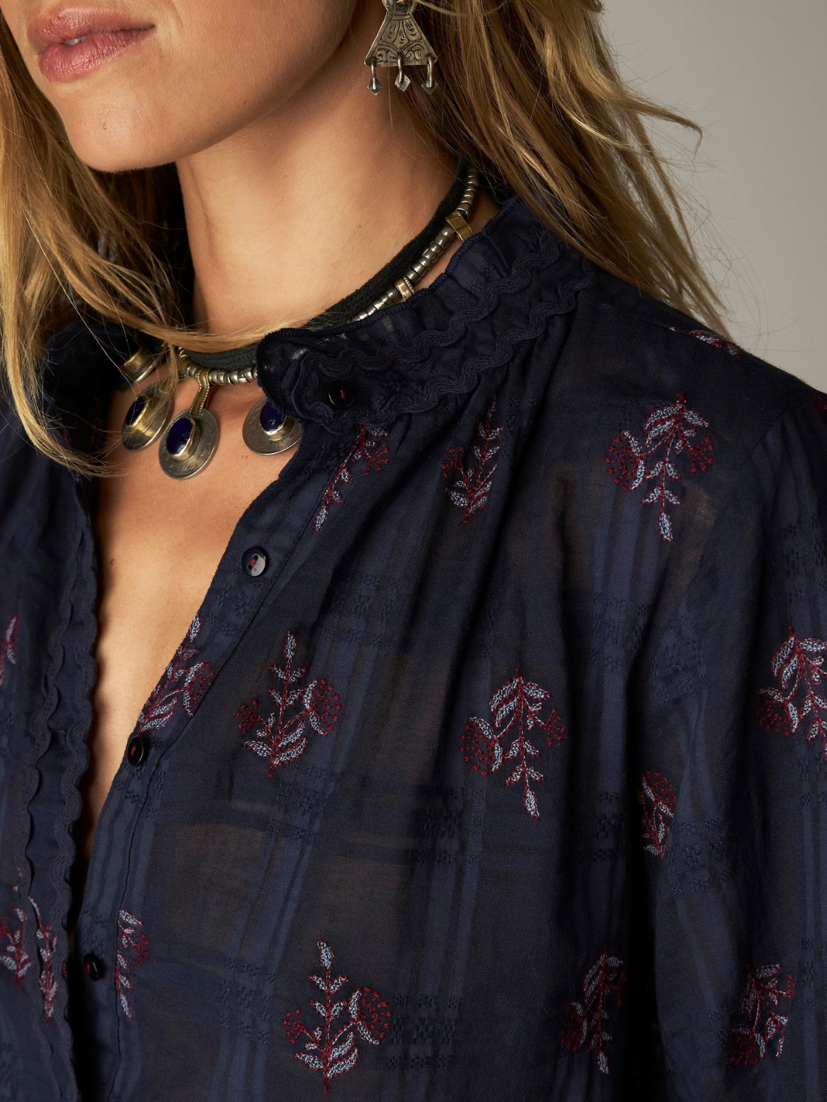 Sabine Embroidered Blouse - Navy