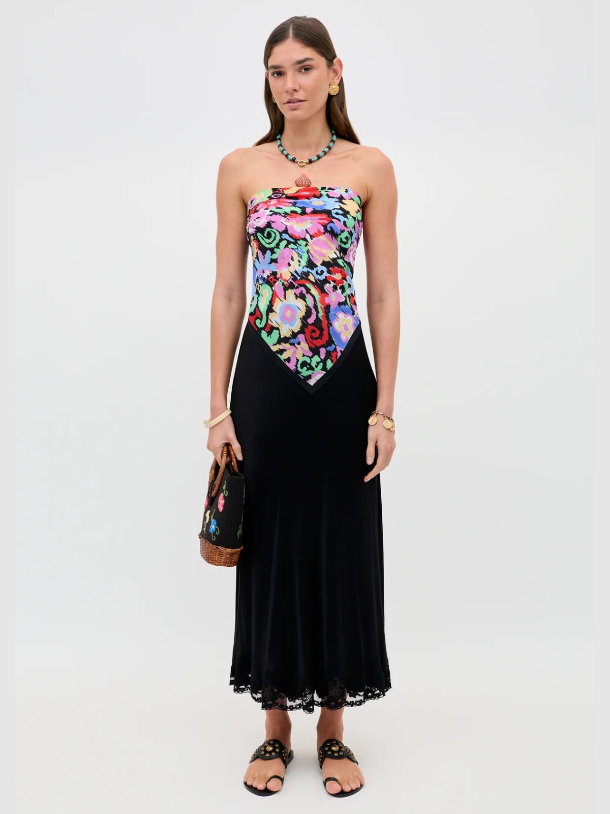 Crystal Satin Midi Skirt - Black