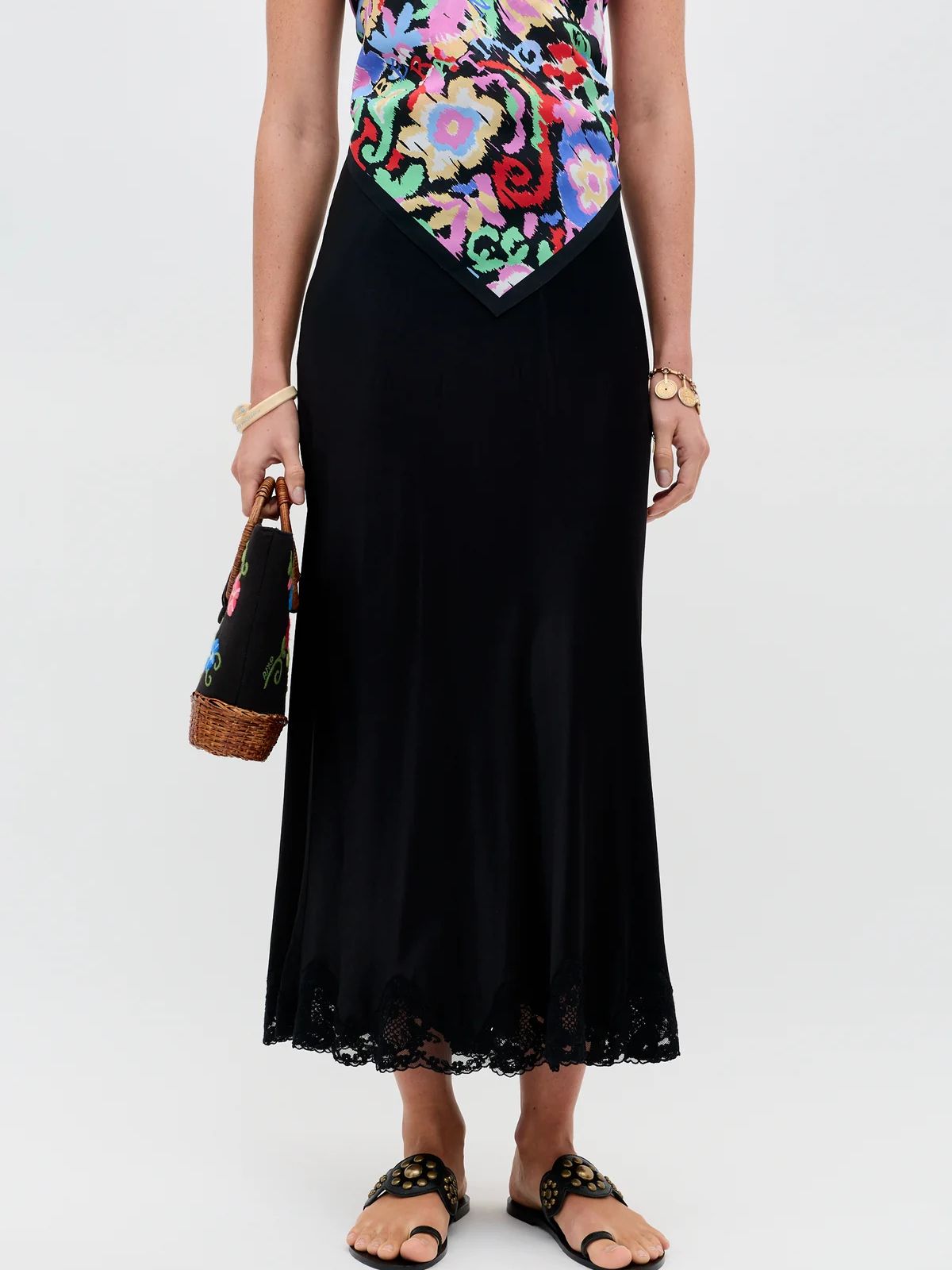 Crystal Satin Midi Skirt - Black