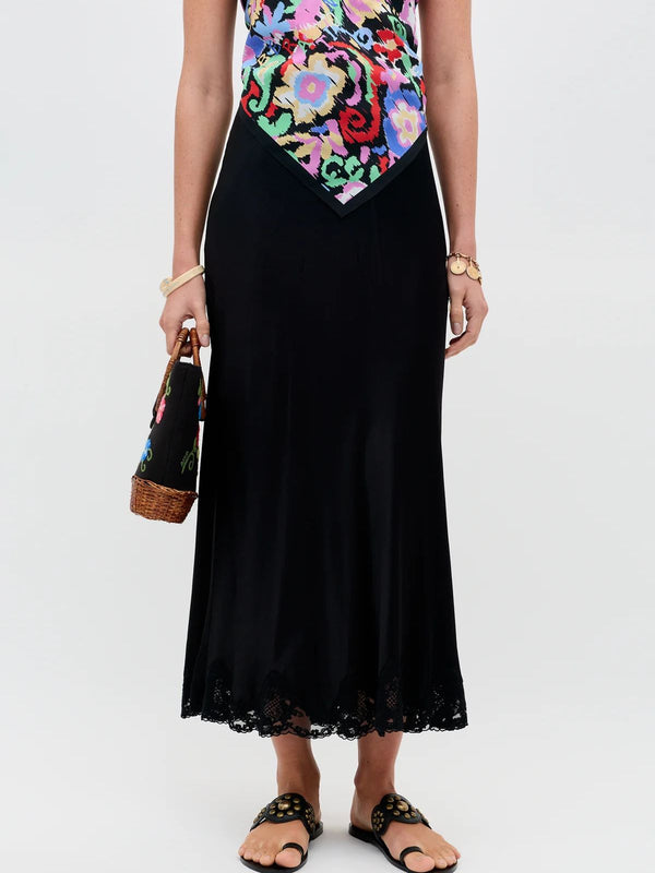 Crystal Satin Midi Skirt - Black