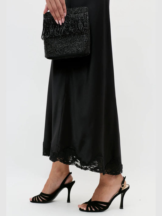 Crystal Satin Midi Skirt - Black