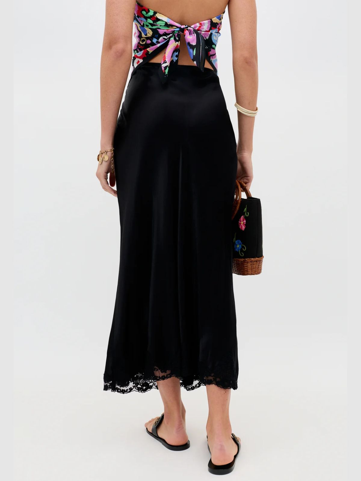 Crystal Satin Midi Skirt - Black