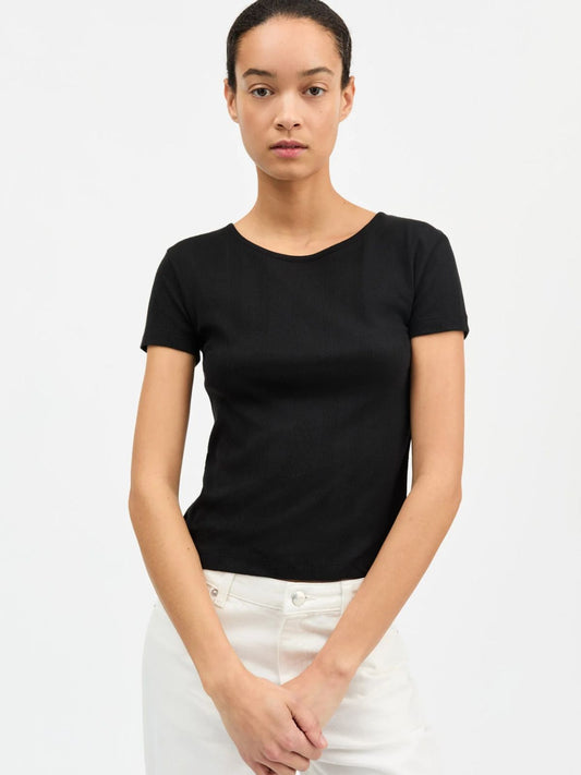 Anna Pointelle T- Shirt - Black