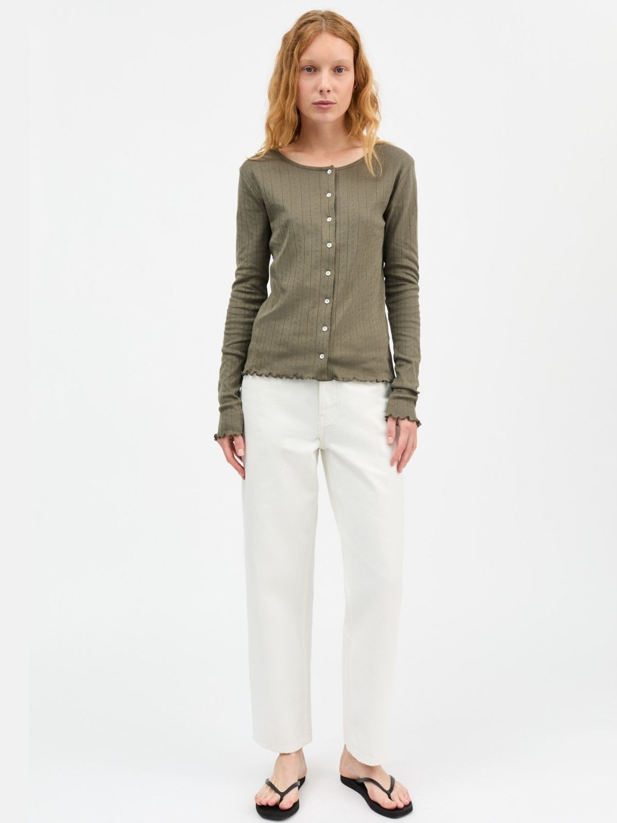 Edie Pointelle Cardigan - Olive