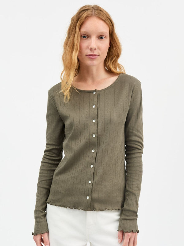 Edie Pointelle Cardigan - Olive