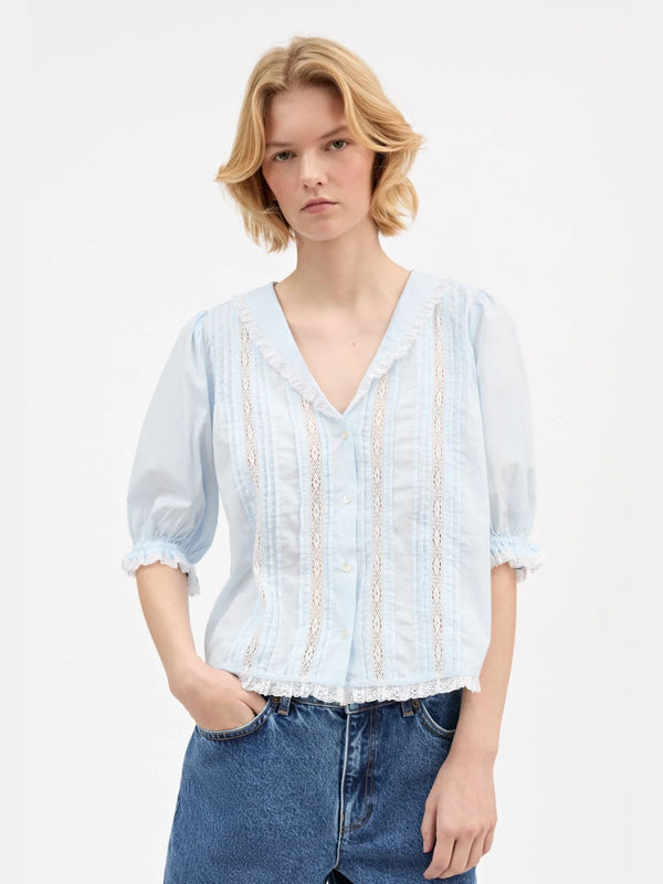 Magnolia Lace Insert Blouse - Light Blue