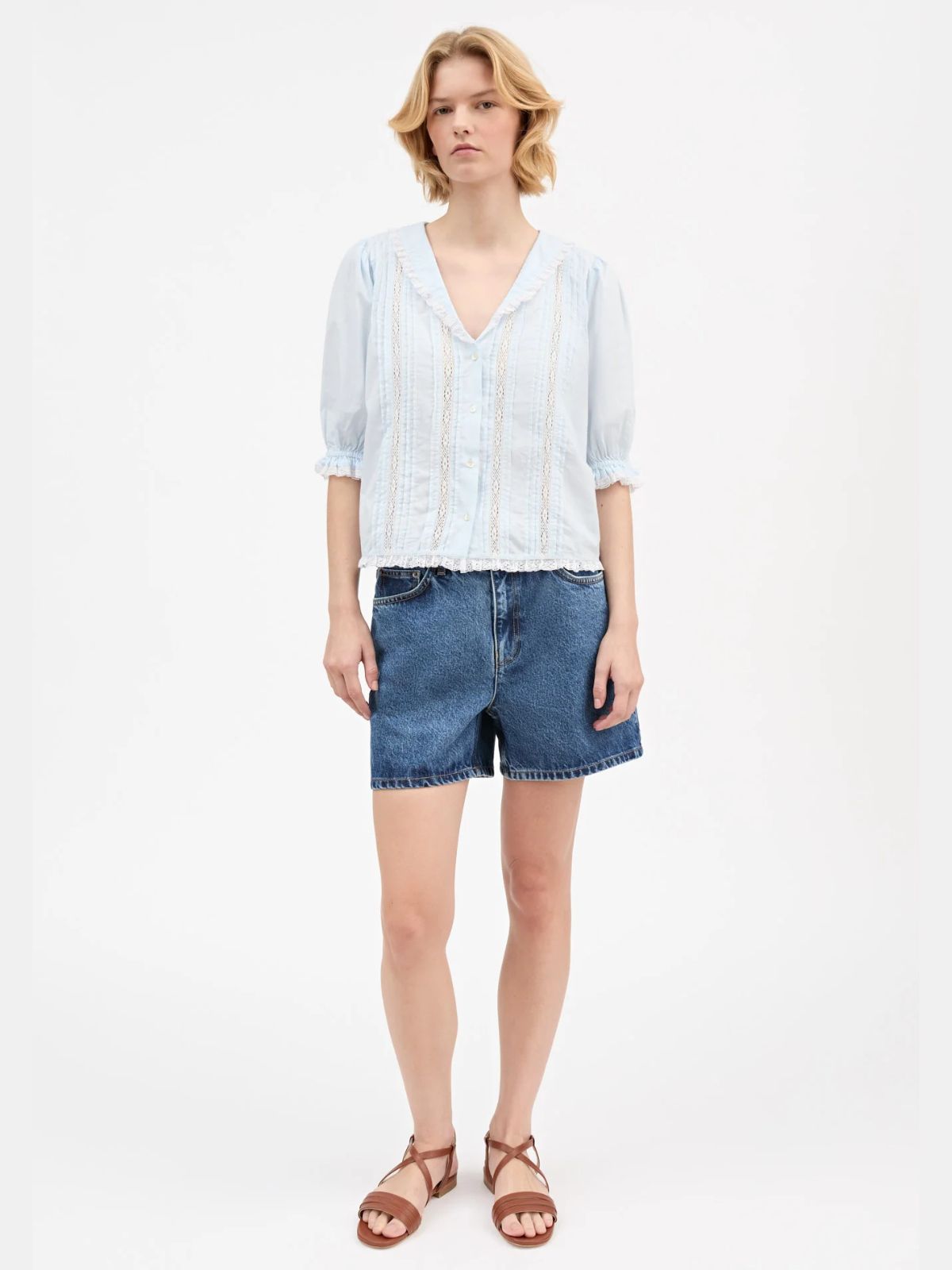 Magnolia Lace Insert Blouse - Light Blue