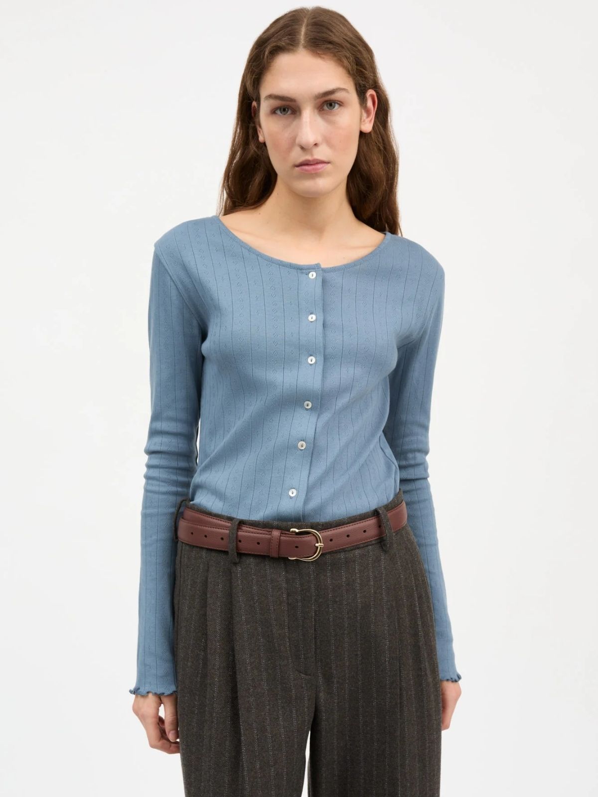 Edie Pointelle Top - Cornflower blue