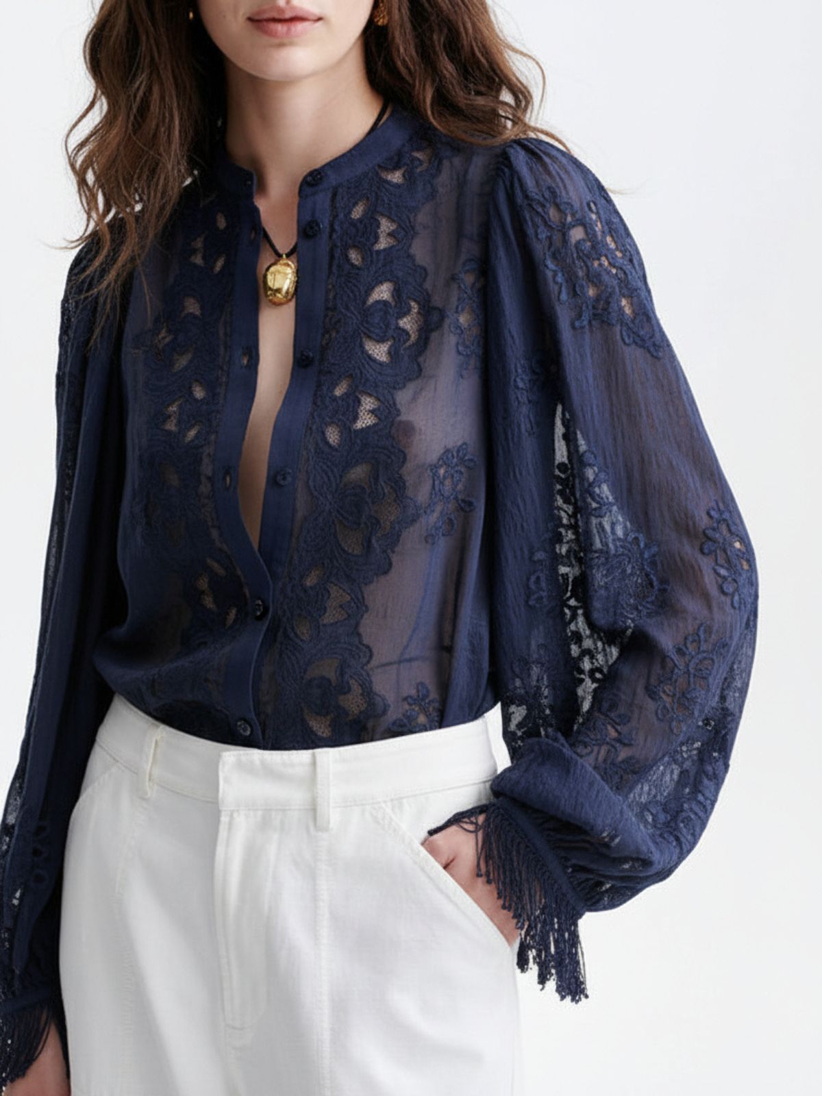 Haldo Embroidered Blouse - Navy