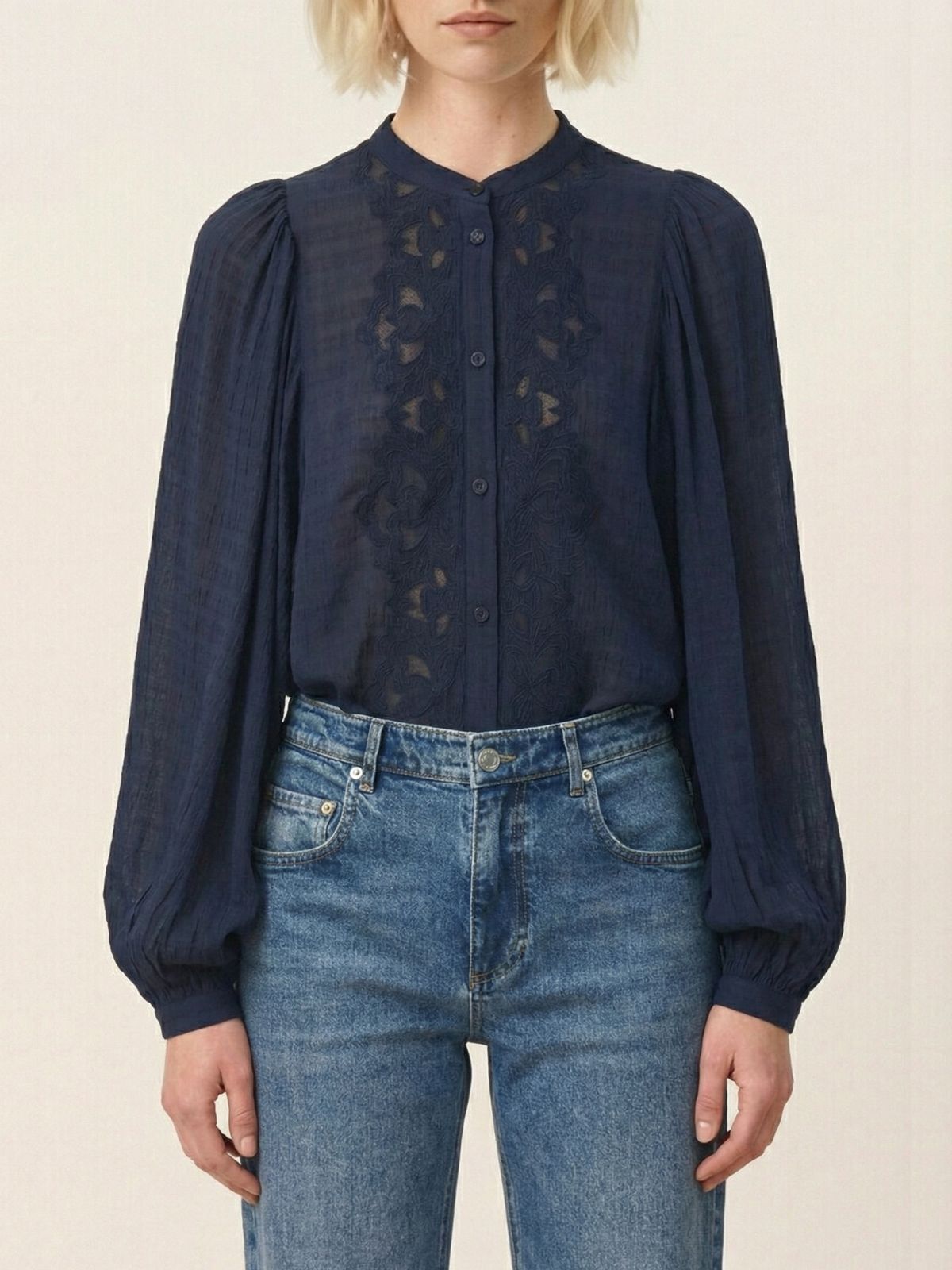 Haldo Embroidered Blouse - Navy