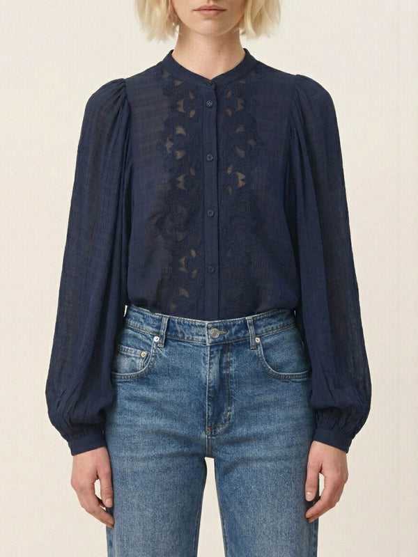 Haldo Embroidered Blouse - Navy