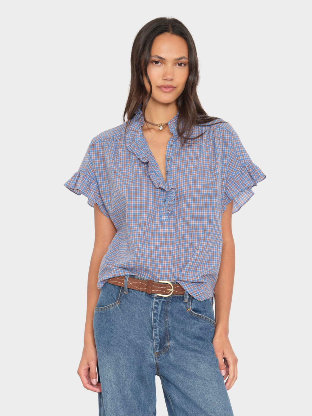 Brie Check Frill Top - Skyridge