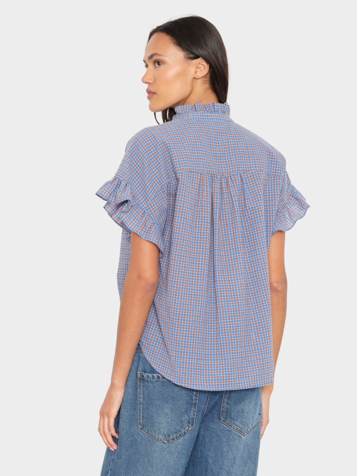 Brie Check Frill Top - Skyridge