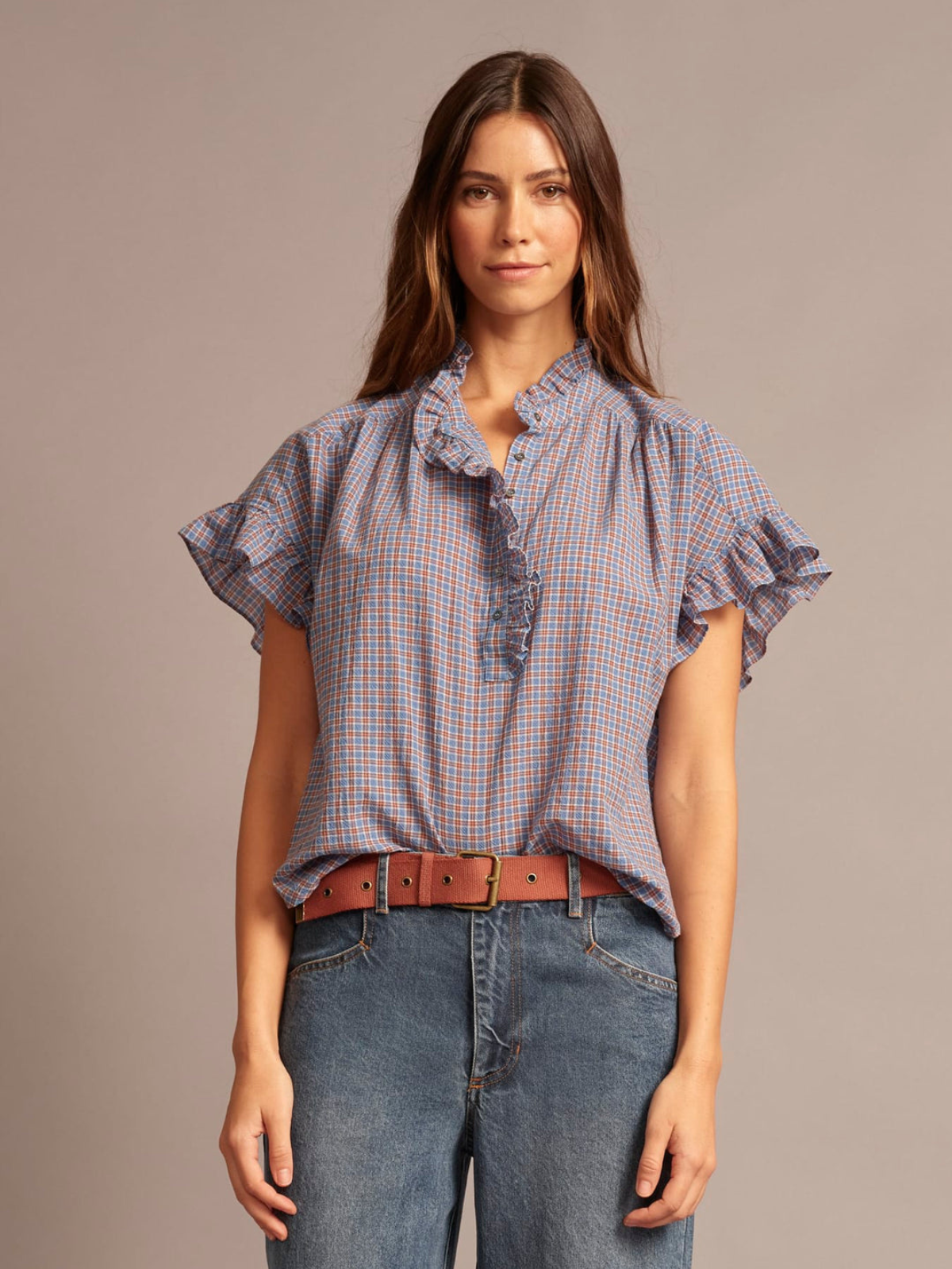 Brie Check Frill Top - Skyridge