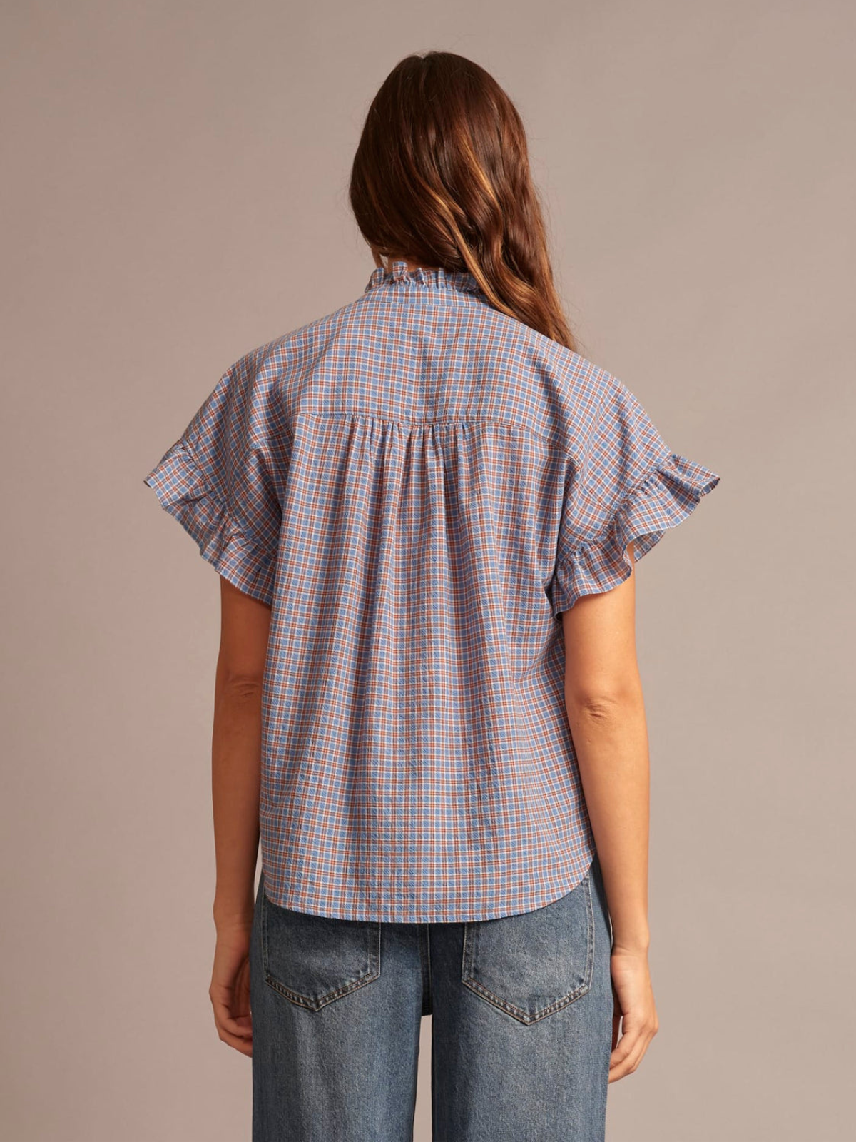 Brie Check Frill Top - Skyridge