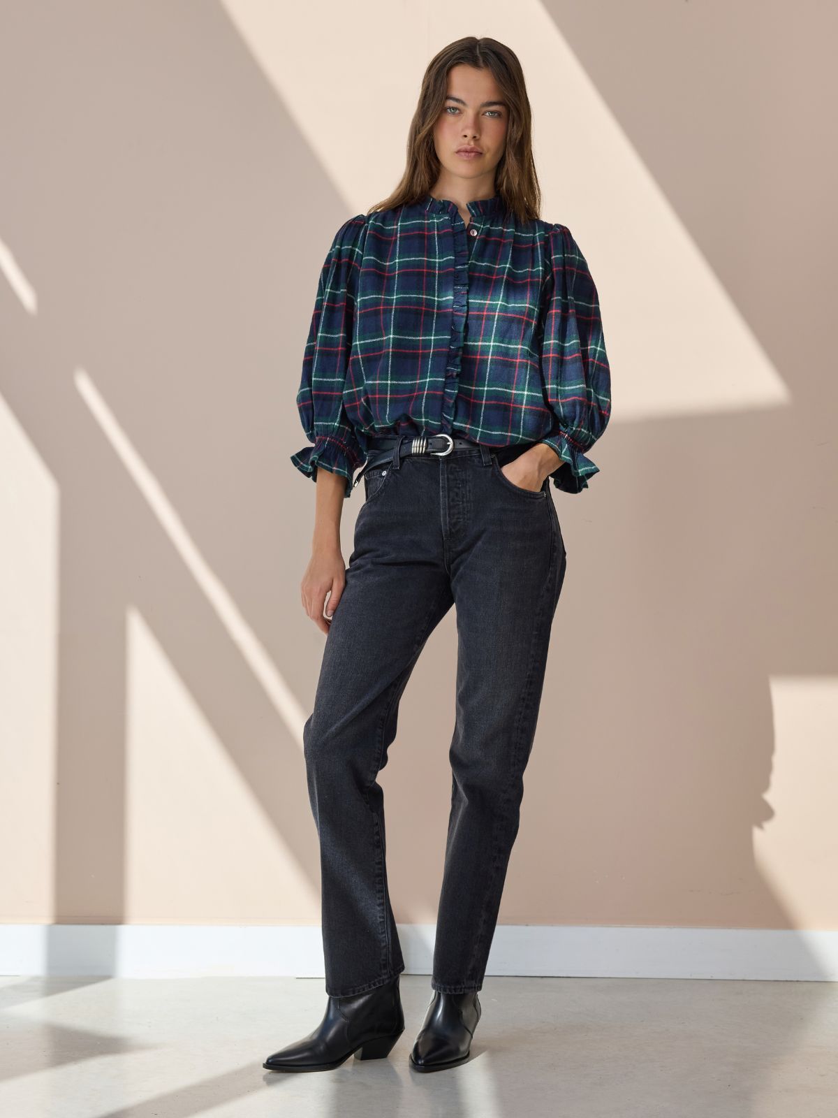 Frankie Tartan Blouse - Navy & Green