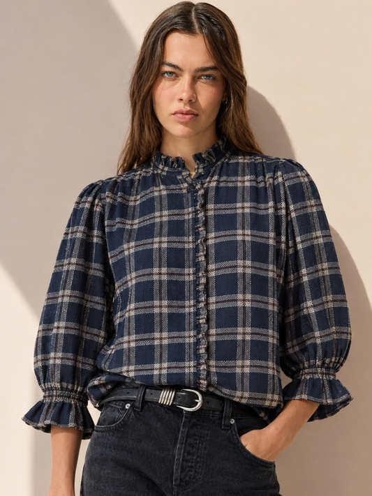 Frankie Lurex Check Blouse - Navy
